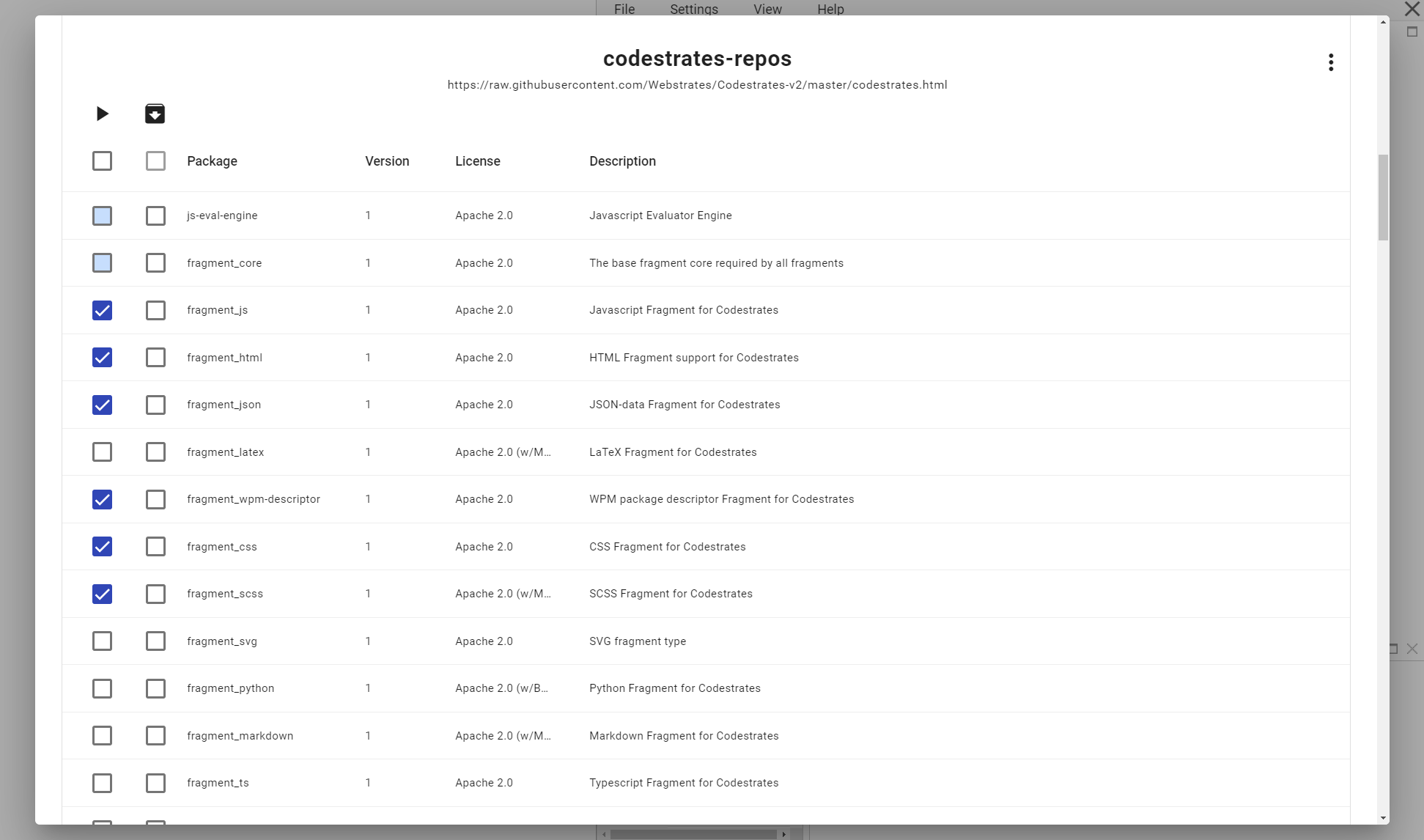 Package Manager UI: The package manager UI that comes with Cauldron allows manage packages and repositories in Codestrates v2.